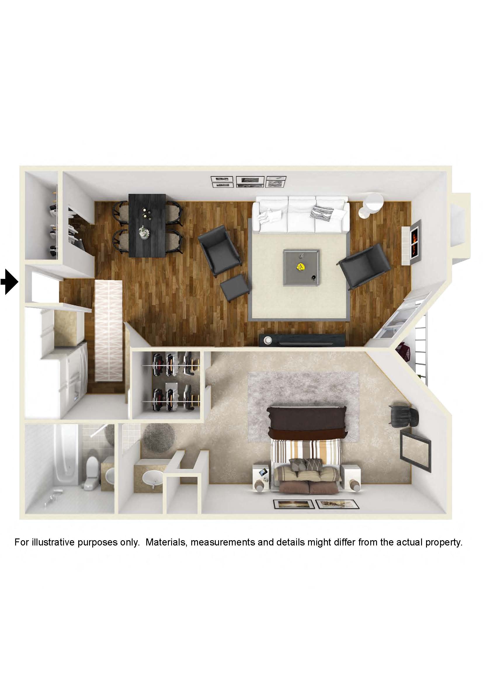Floor plan for 1 bed, 1 bath, 800 sqft